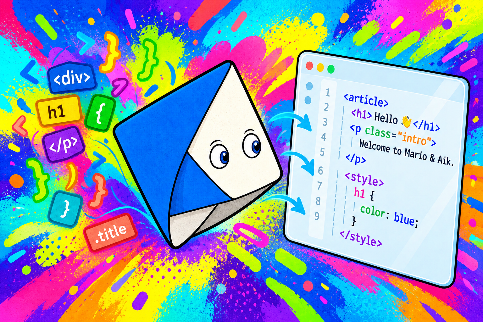 Colourful artistic illustration of Aik, the blue faceted AI character beside a code window