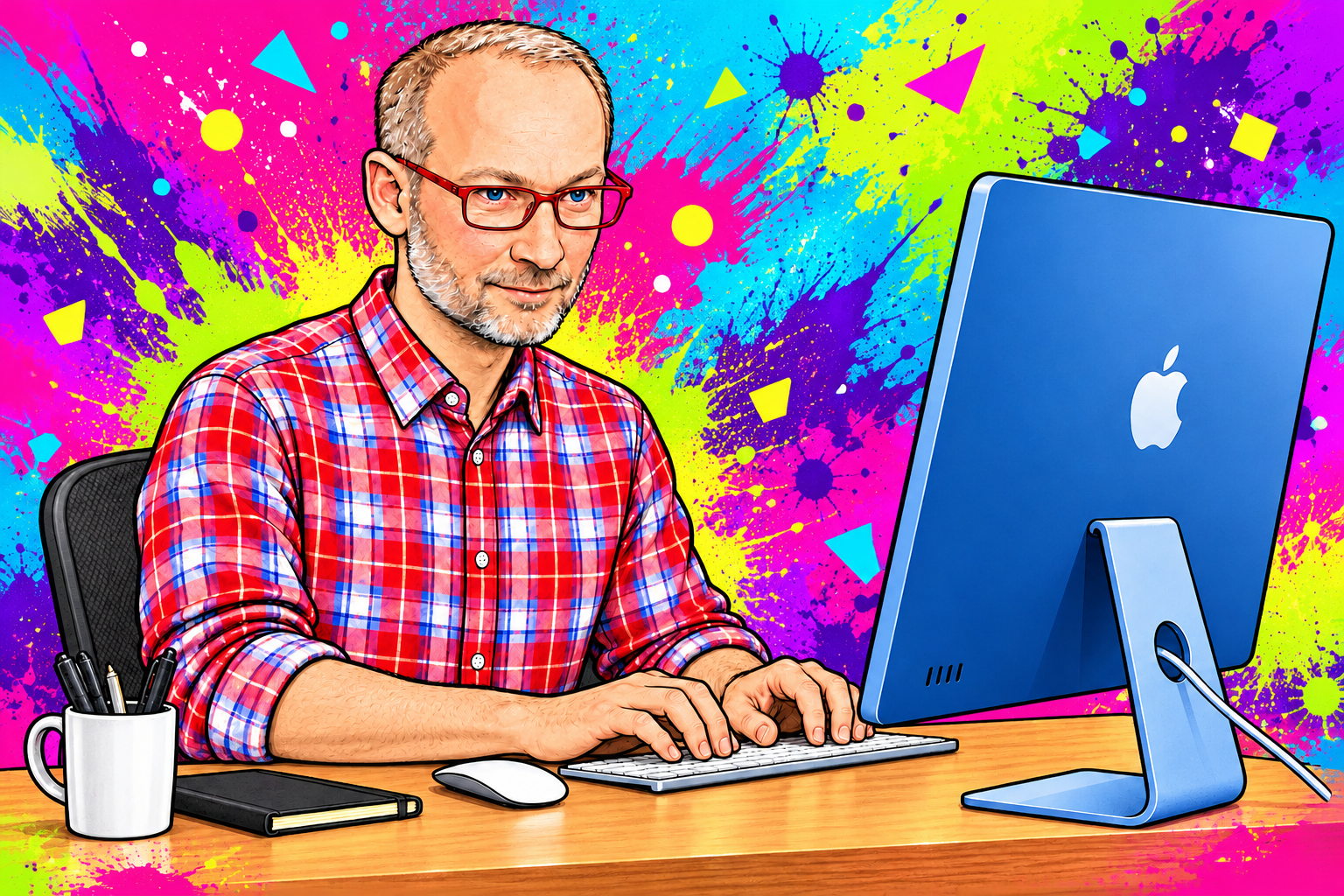 Colourful artistic illustration of Mario with red glasses at his computer